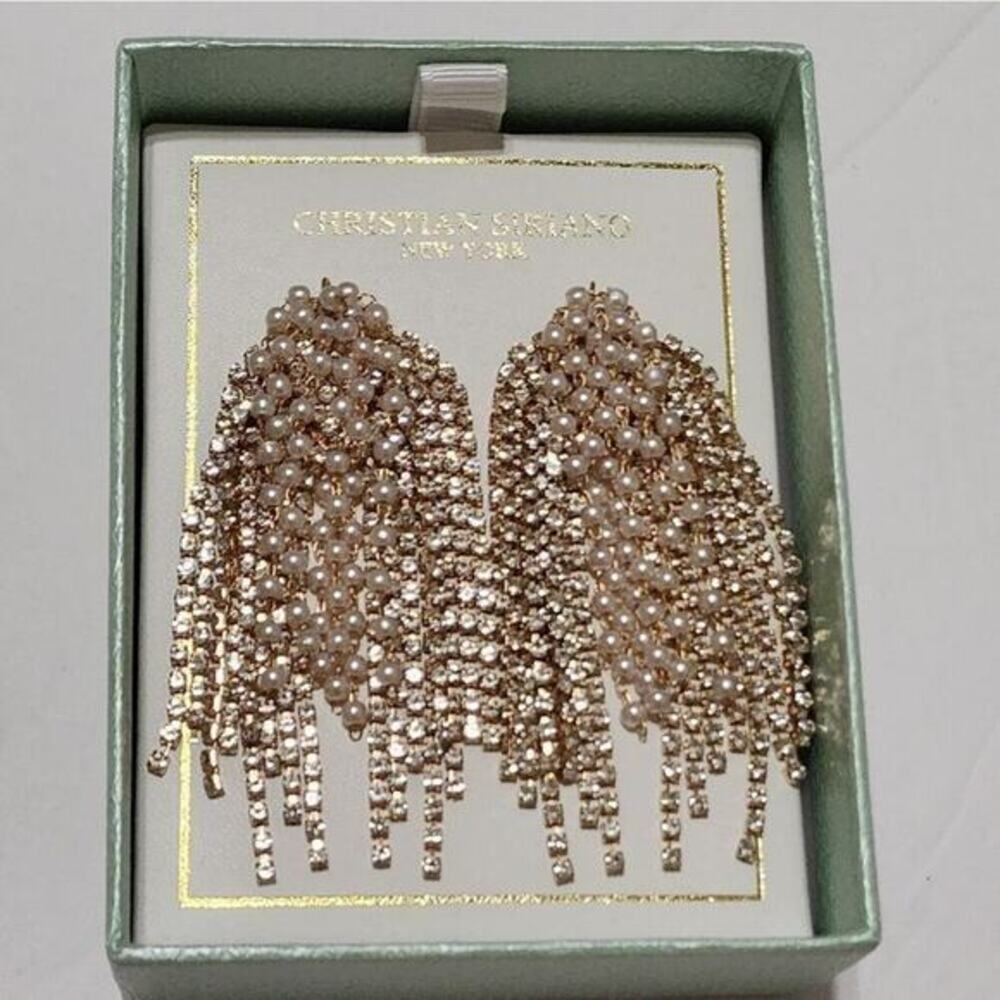 Christian Siriano gold tone faux pearl statement waterfall drop earrings new!!